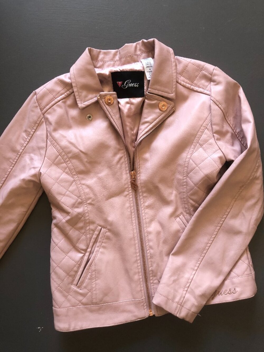 Guess Blush Pink Faux Leather Moto Jacket Girls Size 10 Quilted Zip Front